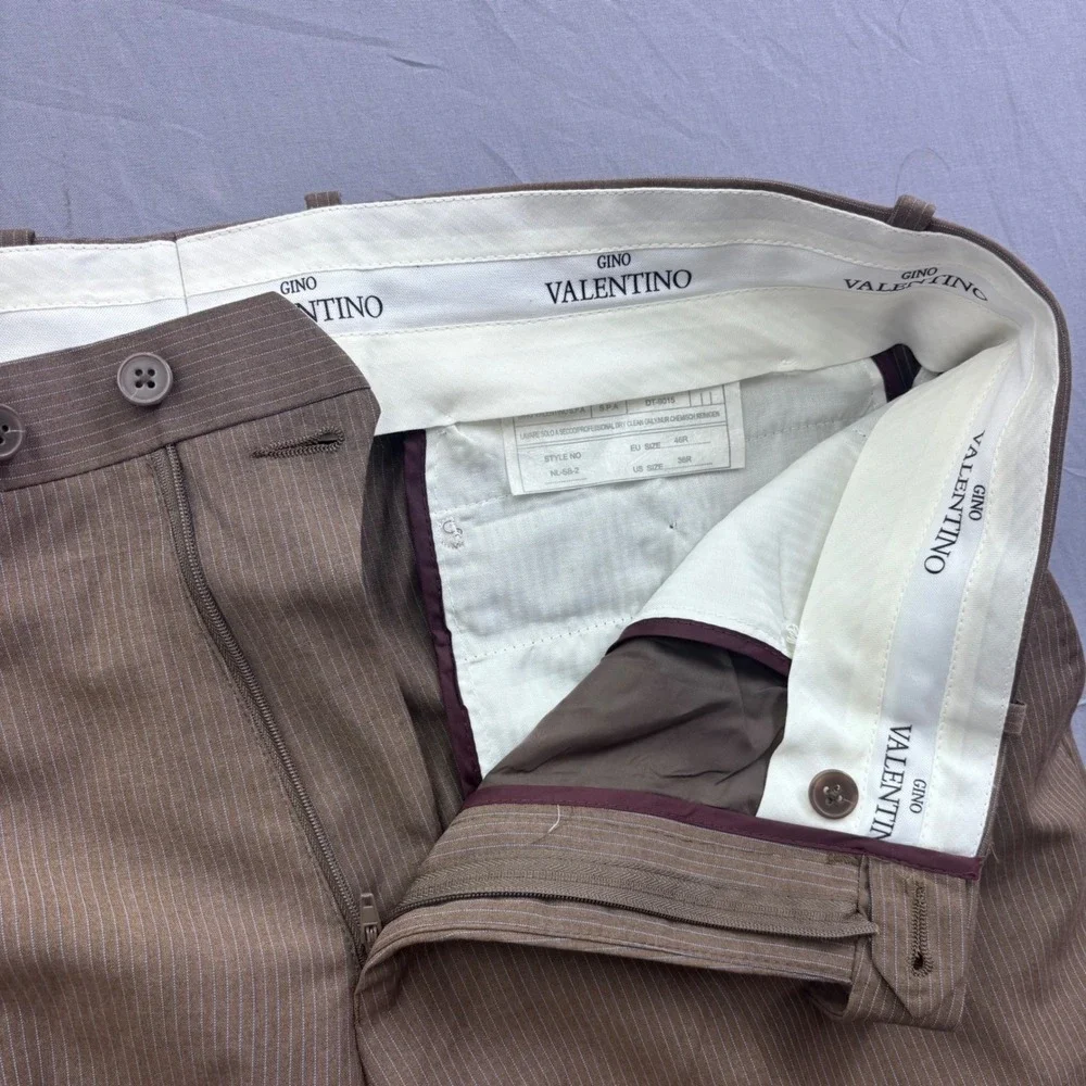 Gino Valentino Mens Brown Pinstripe Dress Pants Cuffed Flat Front Trousers 36R